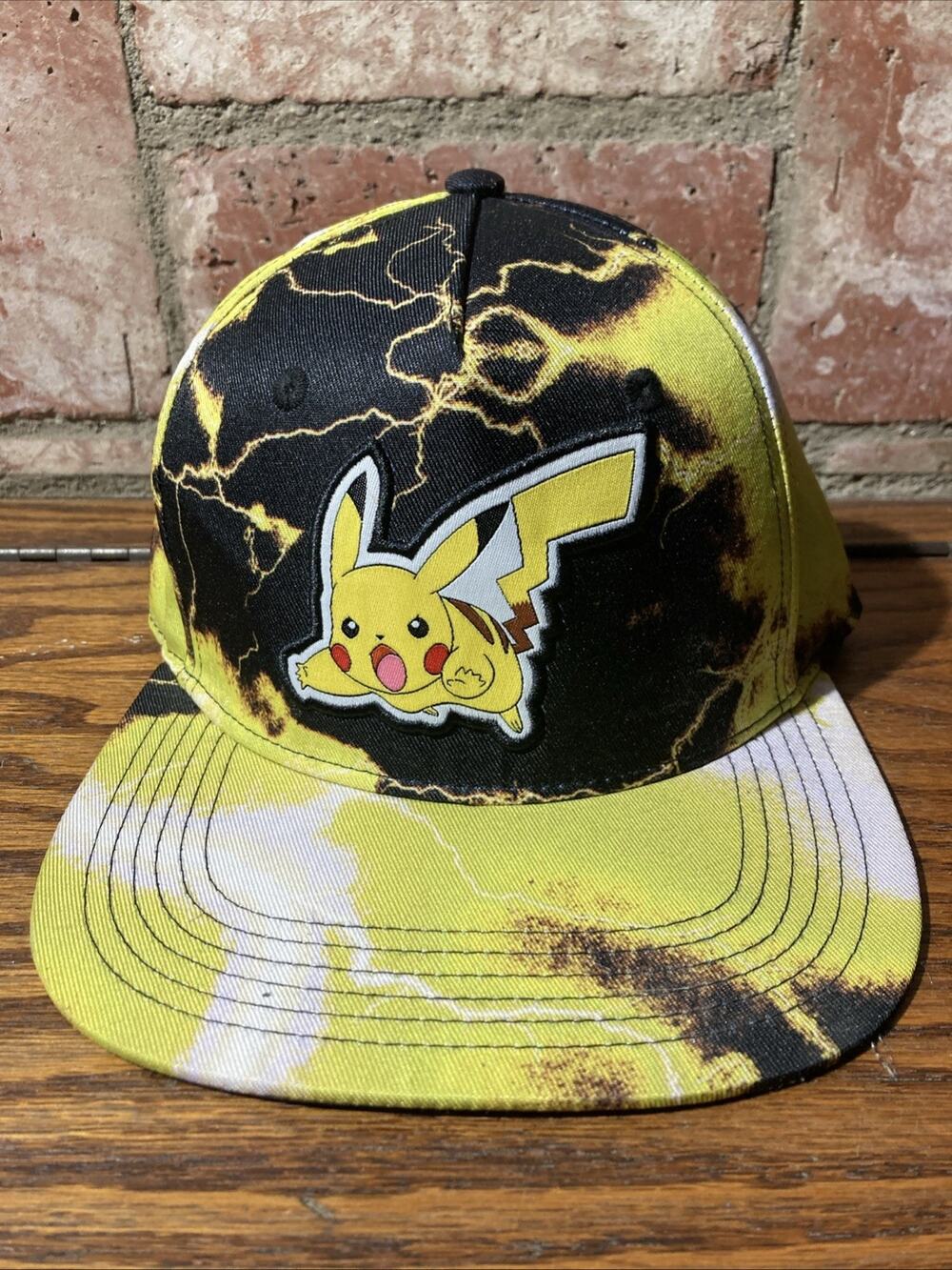 Pokemon Pikachu Hat Cap Snap Back Mens Black Yellow Bioworld Lightning Graphic